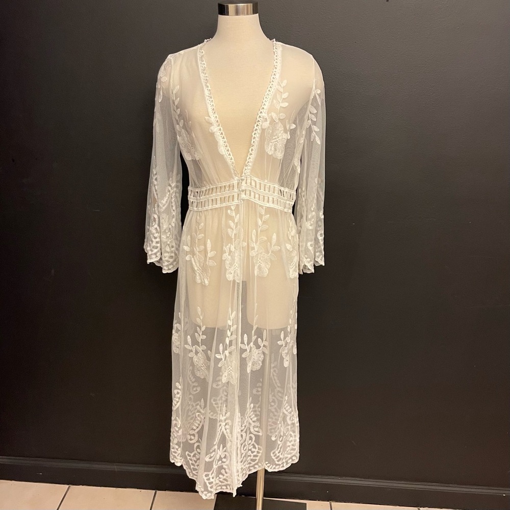 Blashe Women Cover Up White Sheer Duster Robe Bohemian Romantic Fairycore